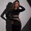 Women's Autumn and Winter Fashion Temperament Round Neck Long Sleeve Sexy Mesh Stitching Spice Girl Dress