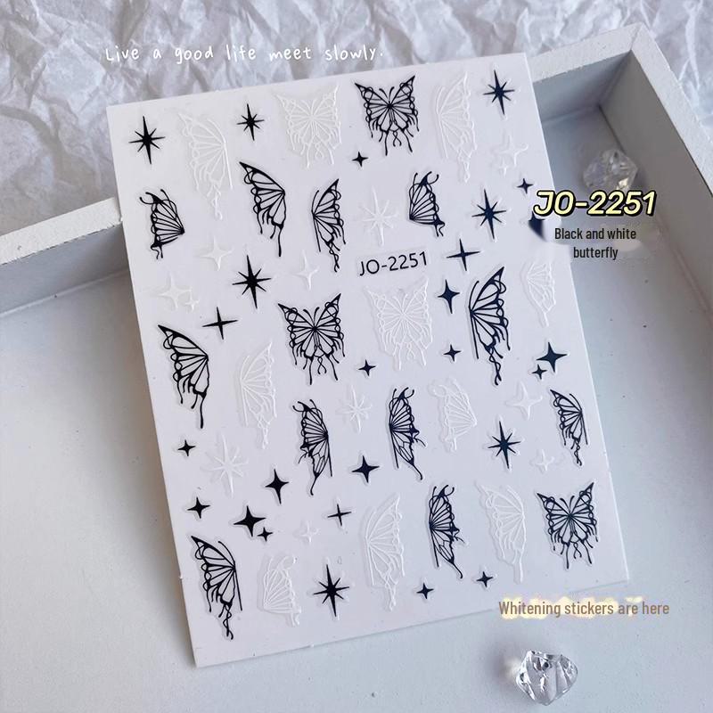 Xiaohongshu DIY лазерные наклейки для ногтей, расписанные вручную: Черные, белые, золотые и серебряные крылья бабочки с клейкой основой.