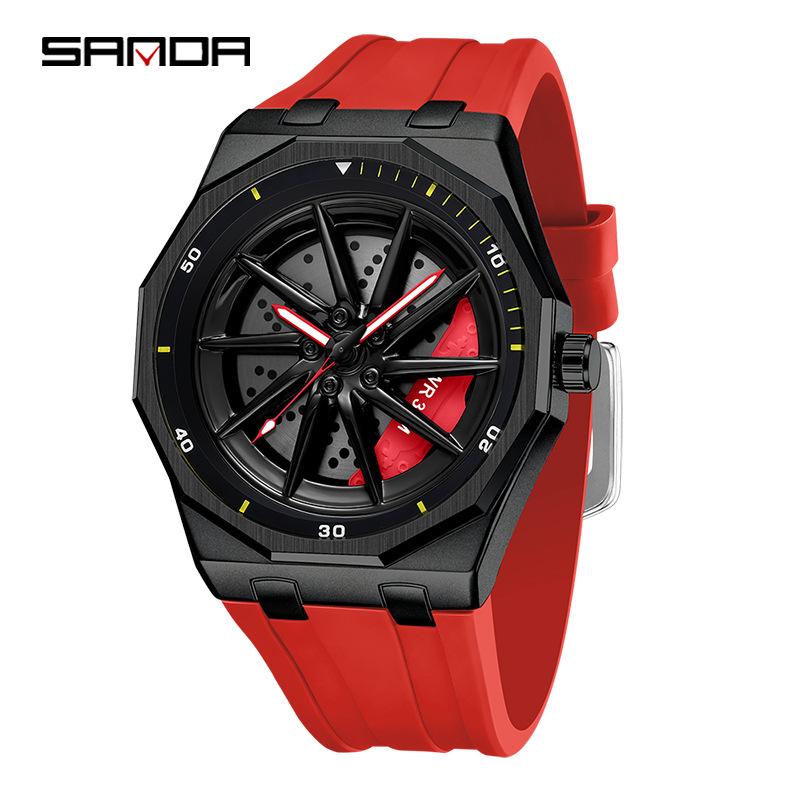 Fashion Sanda Top Brand Men's 360° Rotating Car Wheel Skeleton Dial Watch Luminous Quartz Sport Silicone Strap For Student Watch