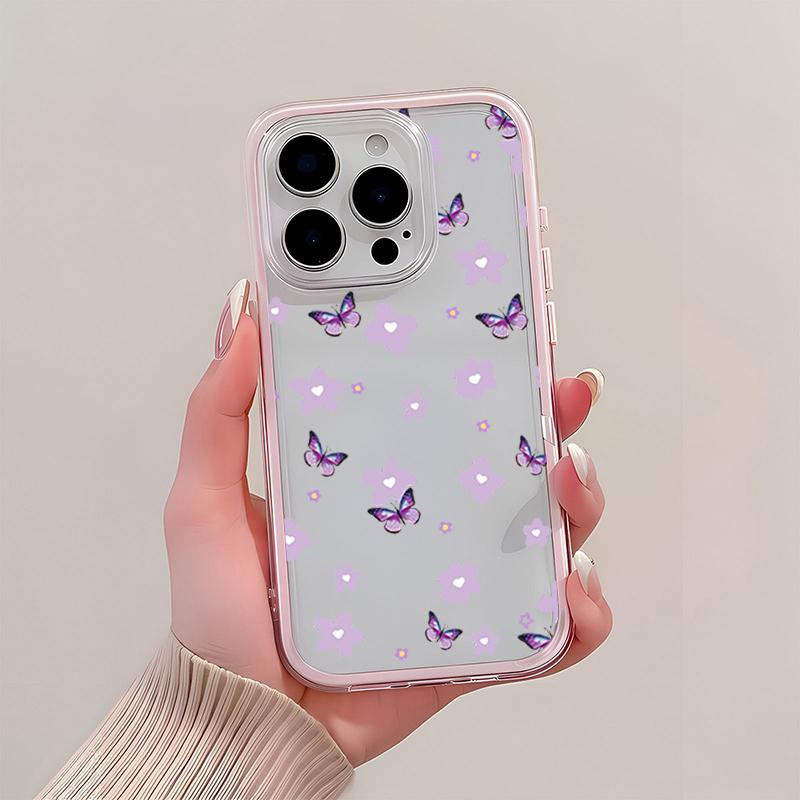 Purple Flower Butterfly TPU Transparent Pink Phone Case For iPhone 11 12 13 14 15 16 17 Pro Max Plus Shockproof Silicone Cover