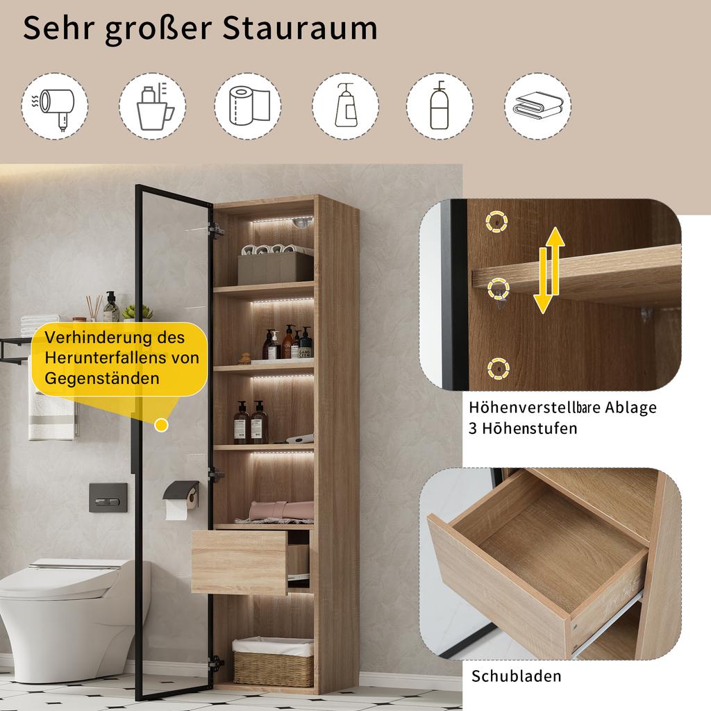 Bathroom Cabinet, Medium, with Light Strip, 40 cm Wide, with 1 Large Drawer and 1 Door, Glass Door
