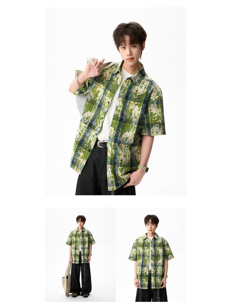 Мужская летняя рубашка с коротким рукавом в стиле тай-дай и color block - Свободный повседневный топ в гонконгском стиле