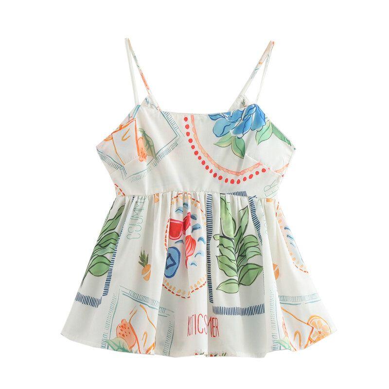 Fashion Wind 2024 New Fall Women's Clothing Stylish Easiest for Match Plant Print Tops Camisole Mid Waist Shorts