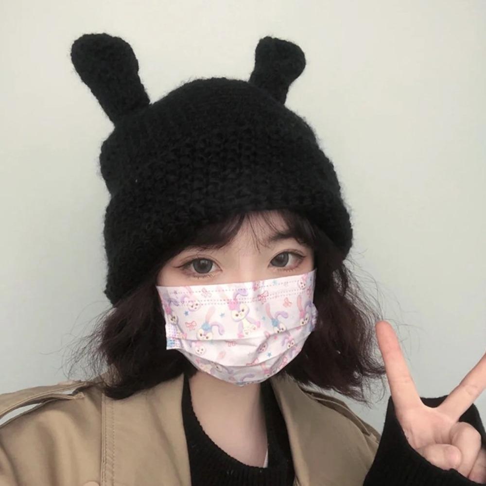 Crochet Winter Knitted Hat with Ears Knit Cap Creative Cartoon Skullies Beanie Men Women