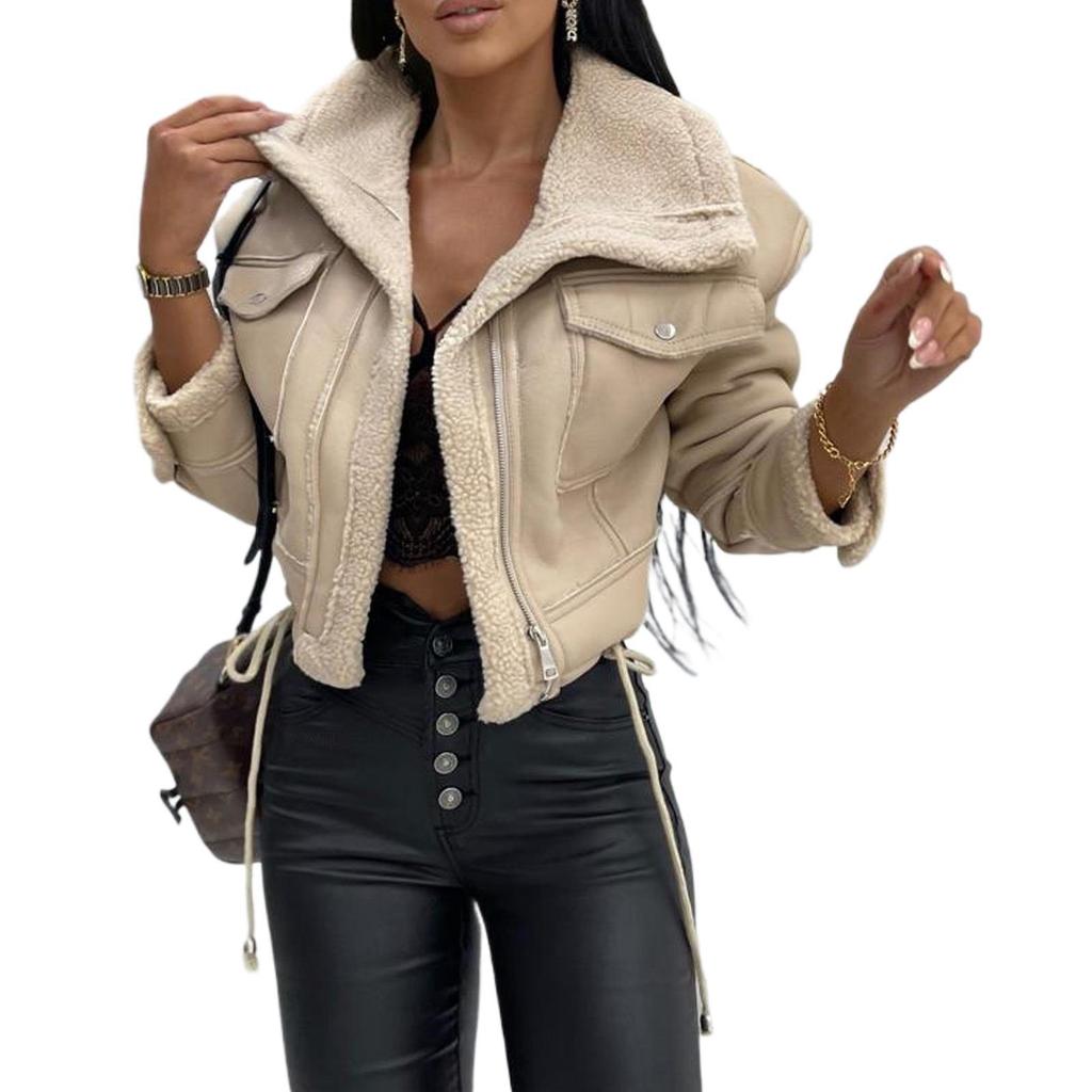 Женская куртка из искусственной кожи и флиса для мотоцикла с воротником-стойкой и короткой молнией (Модель 3120)