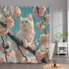 1pc Fluffy White Cat Cherry Blossom Shower Curtain - Blue Eyes, Pink Flowers, Realistic Tree Branch Design, Polyester with
