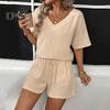 Женский повседневный наряд из 2 шт./компл., футболка с v-образным вырезом и короткими рукавами, эластичная резинка на талии, широкие шорты, комплект, сплошной цвет, тканевый наряд с морщинами