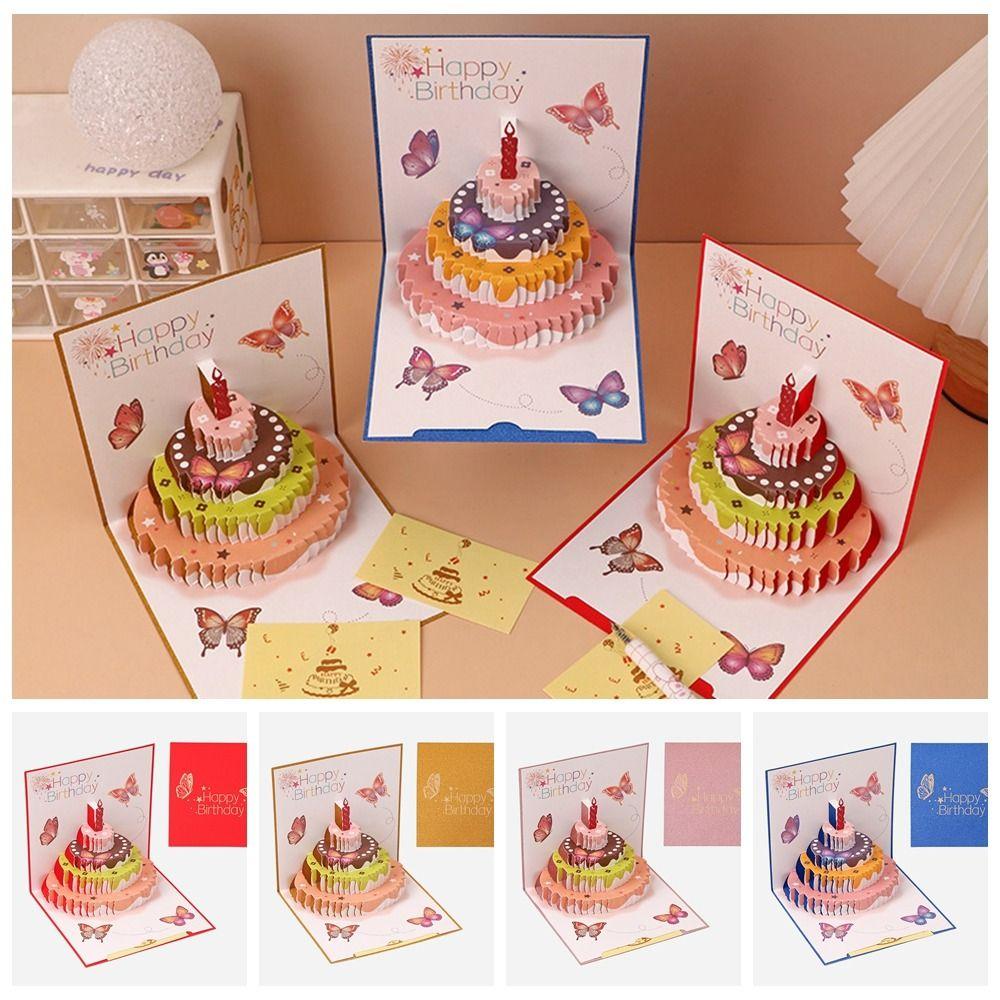DIY Happy Birthday Greeting Card Pop Up Fold Post Cards Gifts Birthday Cake Message Card Party
