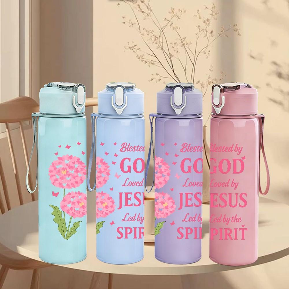 1PC Born By God Saved By Jesus Flower 750ml Color Plastic Sports Water Bottle Leakproof Flip Straw Lid Suitable for Sports Office Home Use