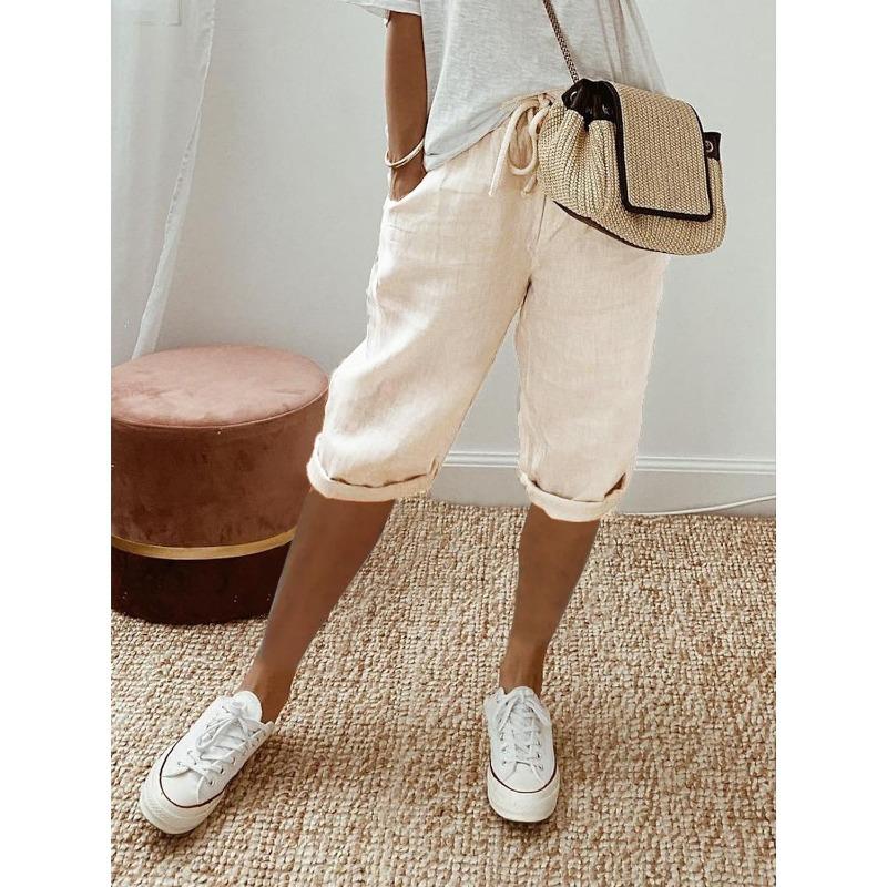 Женские эластичные повседневные брюки из хлопка и льна с карманами Женские брюки Брюки с пятью точками