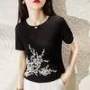 Женская вышитая футболка с короткими рукавами из ледяного шелка, летняя, новая, стильная, с круглым вырезом, тонкая футболка