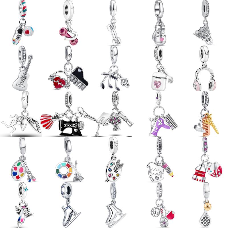 925 Copper Love Dreams Palette Crayon Music Guitar Piano Sports Pendant Beads Fit Original Pantaro Charms Bracelet DIY Zircon