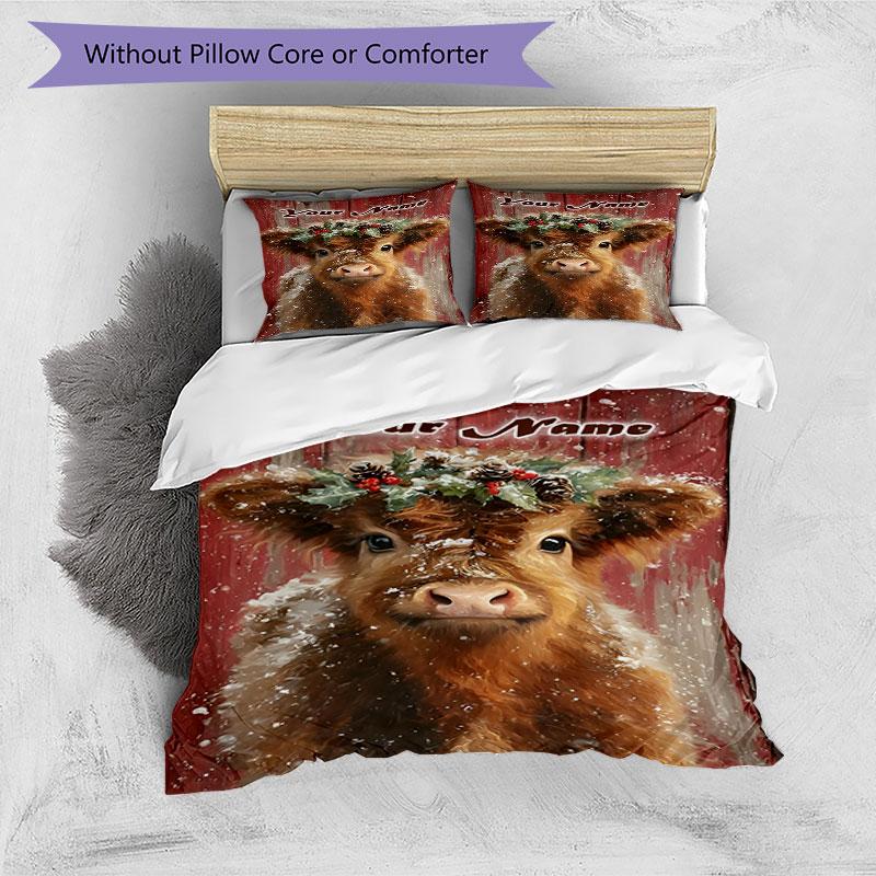3PC Custom Name Winter Highland Cow Portrait Bedding Set Printed Bedding Set Duvet Cover Closure Includes 1 Duvet Cover & 2 Pillowcases for All Season