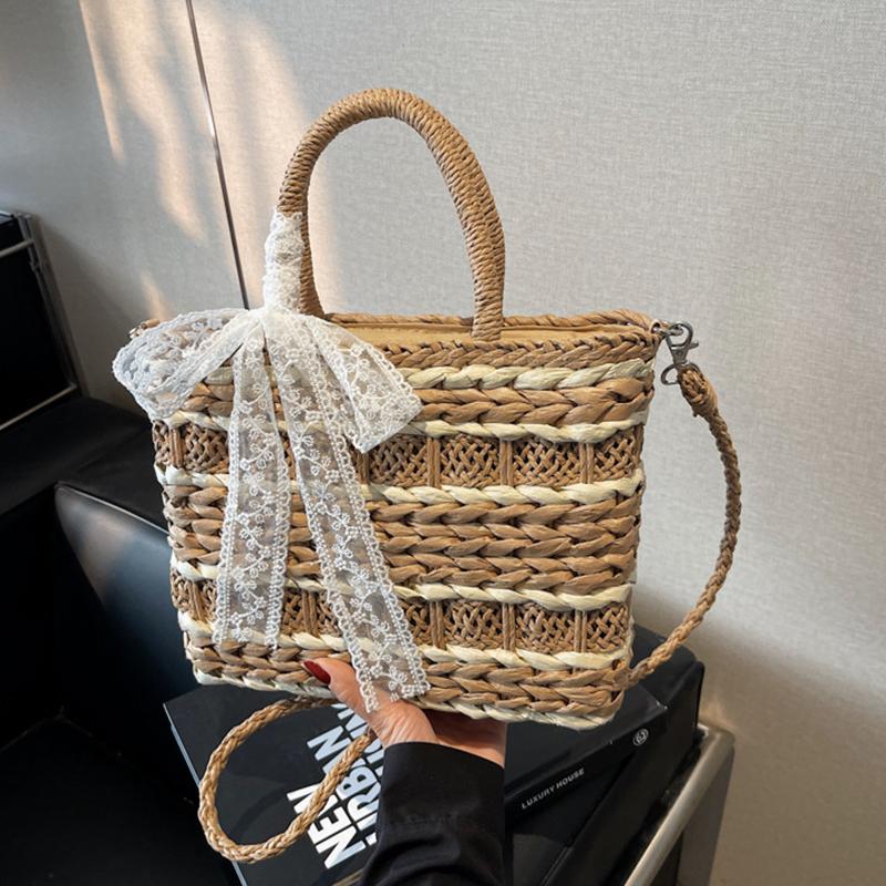 Дорожная праздничная кружевная плетеная сумка-ведро с ручкой сверху, большая вместимость, летняя пляжная соломенная плетеная сумка ручной работы через плечо