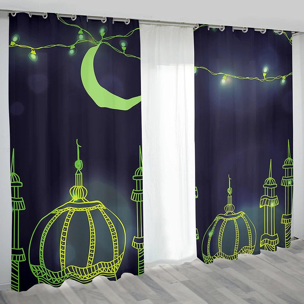 2 шт. занавеска для исламского фестиваля Рамадан, празднующего Мубарака, лунная лампа, городская ночная сцена, занавеска с узором для спальни, окон
