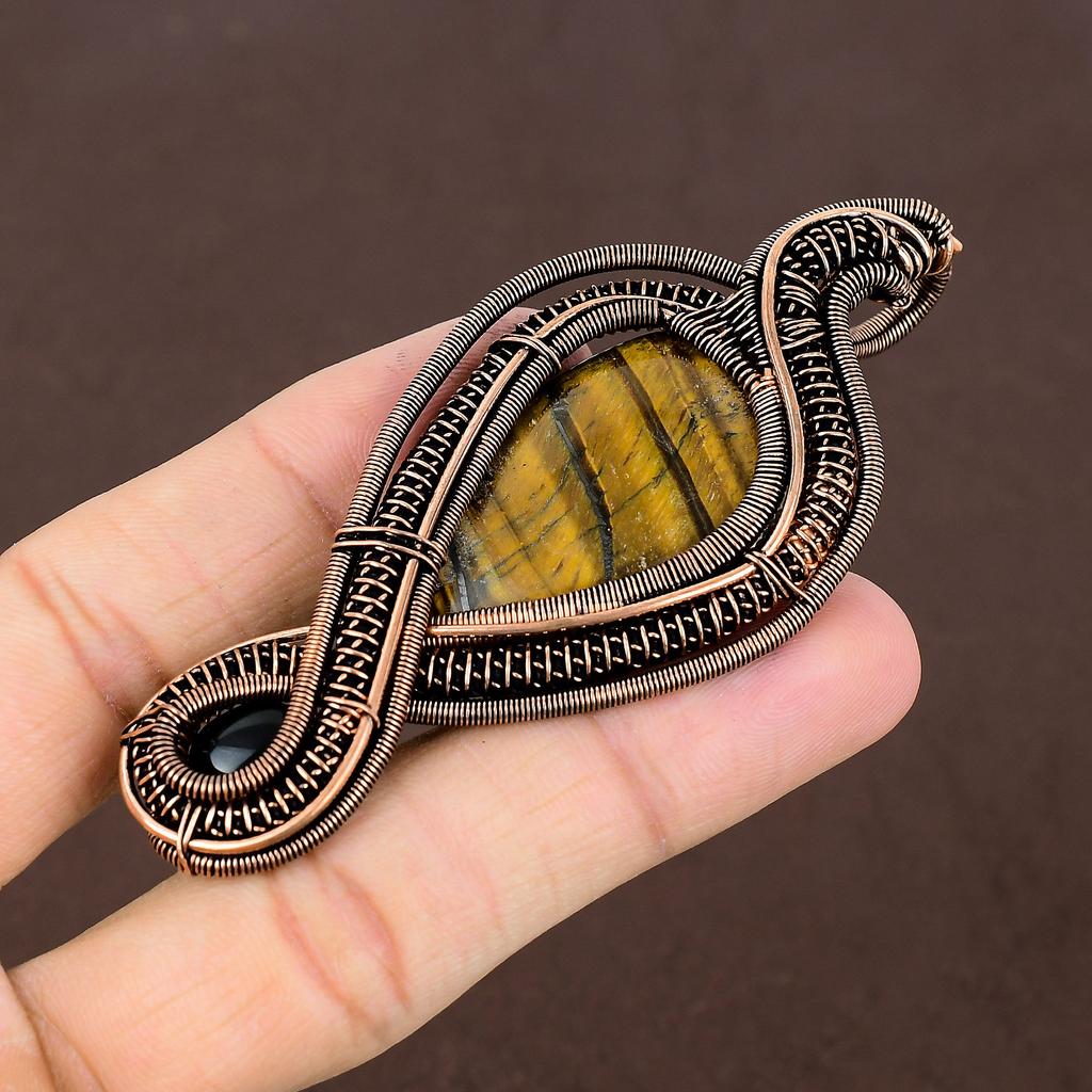 Подвеска ручной работы из медной проволоки, натуральный тигровый глаз, черный оникс, 3,54 дюйма F5z90