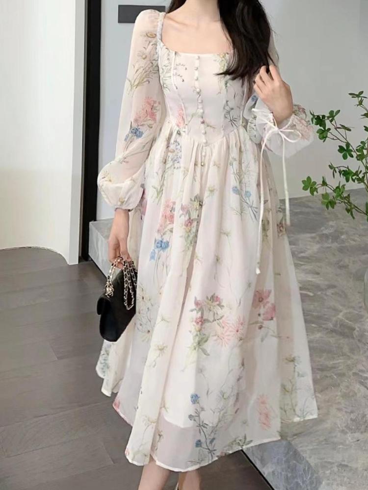 Французское элегантное мини-платье с квадратным воротником и принтом, женская мода, шифоновые вечерние платья с длинными рукавами, женская винтажная пляжная одежда на шнуровке, фея