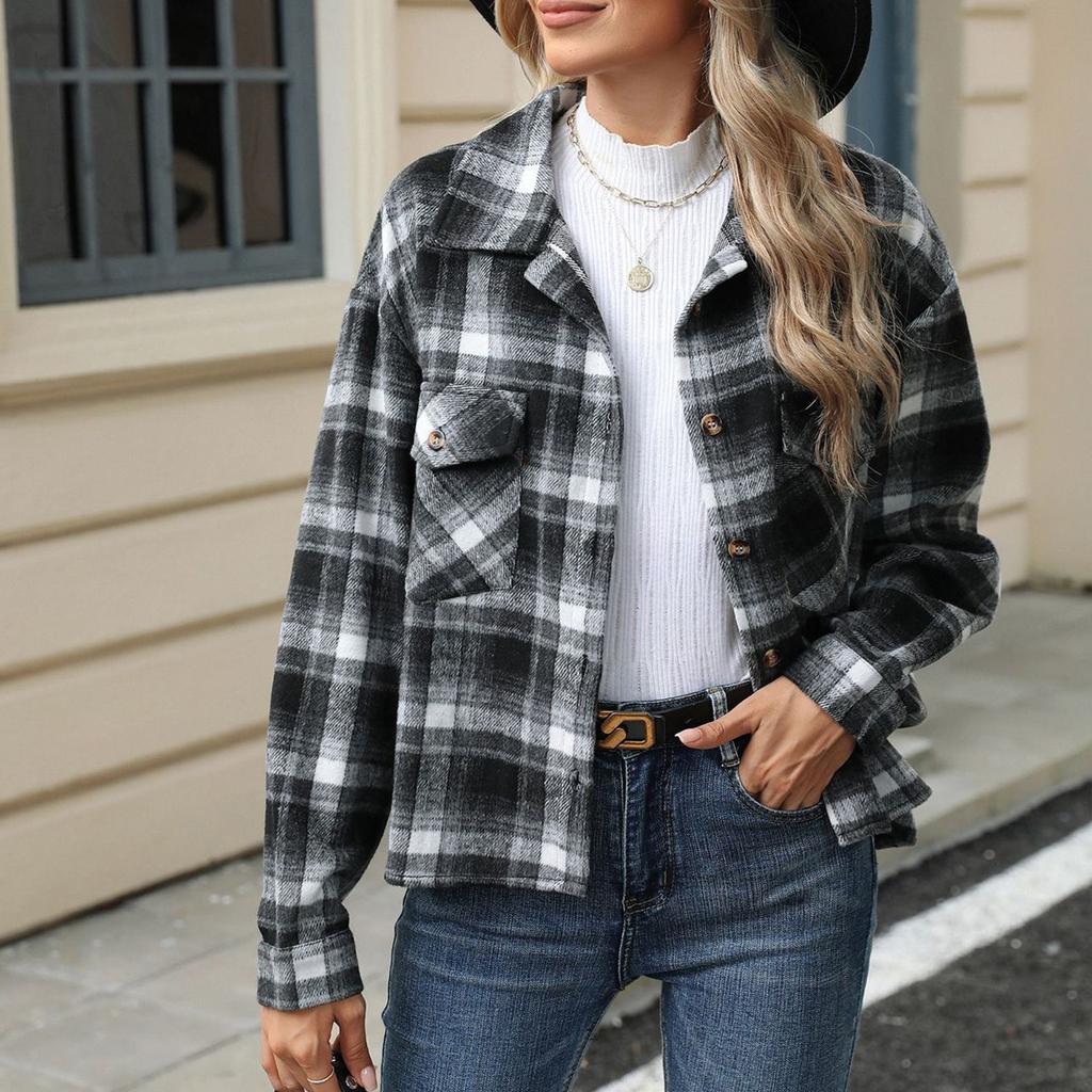 Женское и зимнее новое шерстяное пальто с длинным рукавом и карманами в клетку