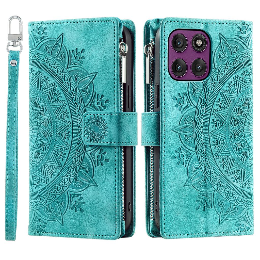 For Motorola Moto G56 5G Wallet Case Mandala Flower Pattern PU Leather Phone Cover with Wrist Strap
