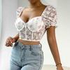 Casual V Neck LaceT Shirt  Mesh  Short Sleeve Crop Top Women Embroidered Flower T-shirt Casual  Tank Top Slim Female Crop Top Fashion Tee Shirt Y2k