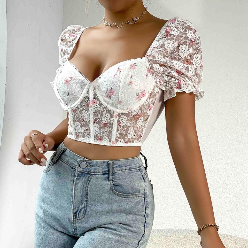 Casual V Neck LaceT Shirt Mesh Short Sleeve Crop Top Women Embroidered Flower T-shirt Casual Tank Top Slim Female Crop Top Fashion Tee Shirt Y2k