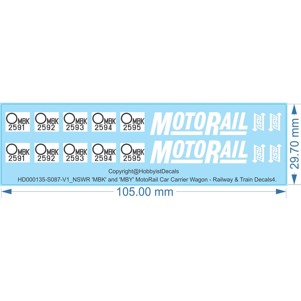 NSWR 'MBK' and 'MBY' MotoRail Car Carrier Wagon - HO (1/87) - Railway & Train Decals