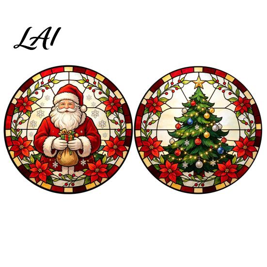Holiday Storefront Glass Decals Round Christmas Window Sticker Stained Style Removable Static Thickened PVC Art Cling Santa Claus Tree Decal
