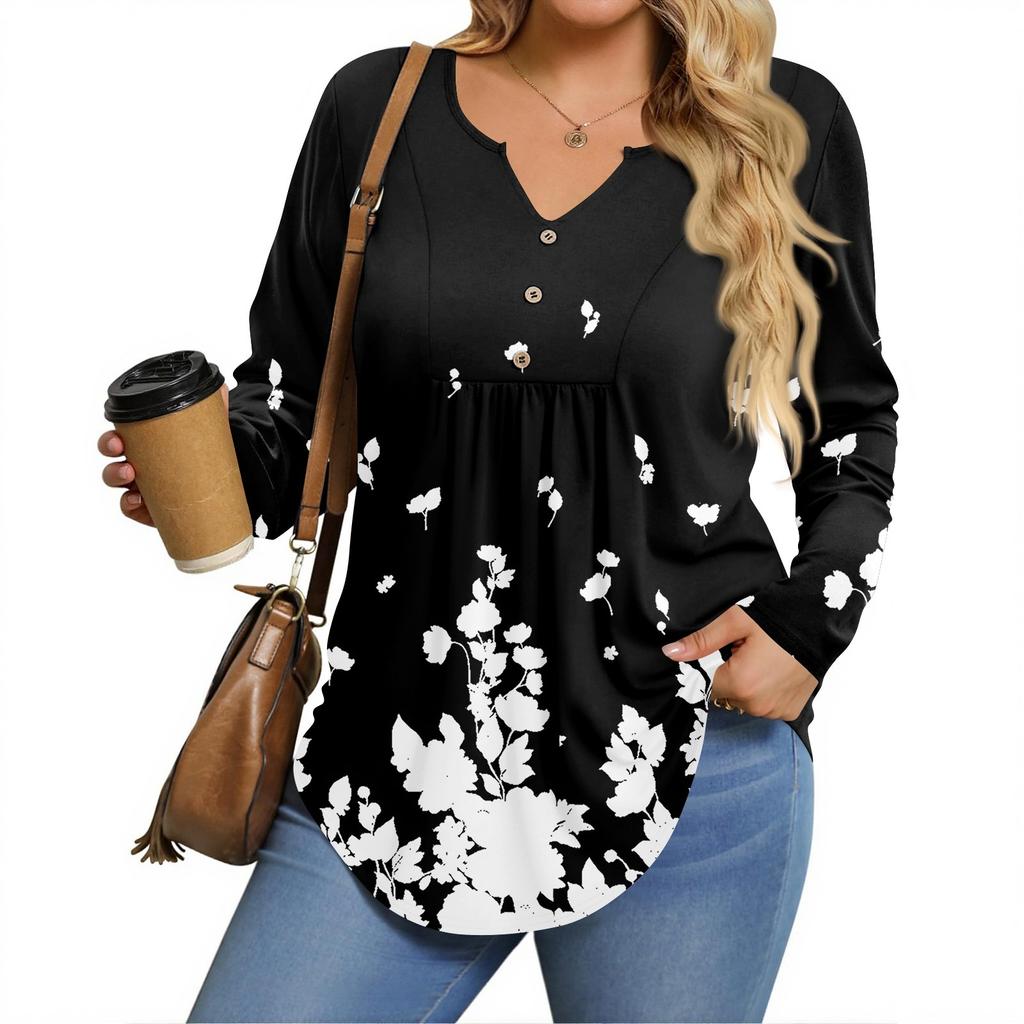 Womens Plus Size Long Sleeve Shirts V Neck Tunic Tops Basic Loose Fit Tee Tops