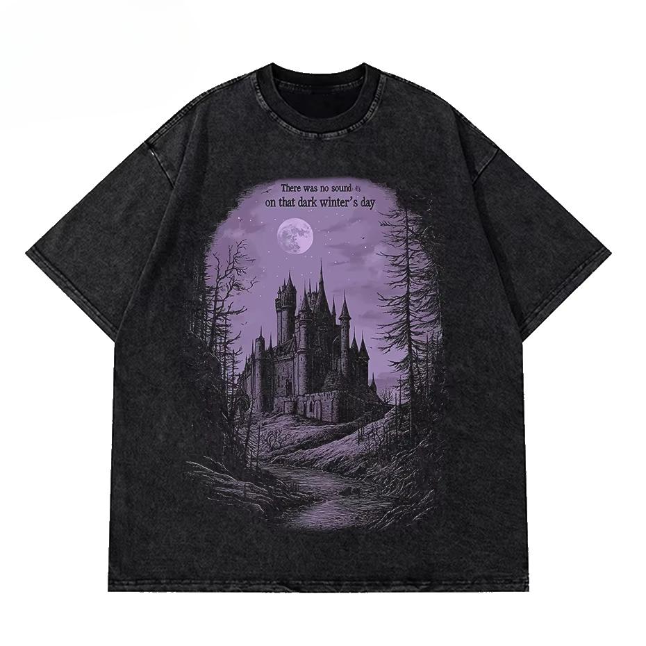 Horror Castle Washed T-Shirt Streetwear Vintage Cotton Short Sleeve Mens Women Tops Tees Weird Pattern Y2K Casual
