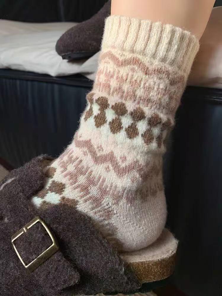 Норвежские шерстяные носки с узором Fair Isle и ромбами, с оборками - Теплые, Ретро, Этнический стиль, Зимняя одежда