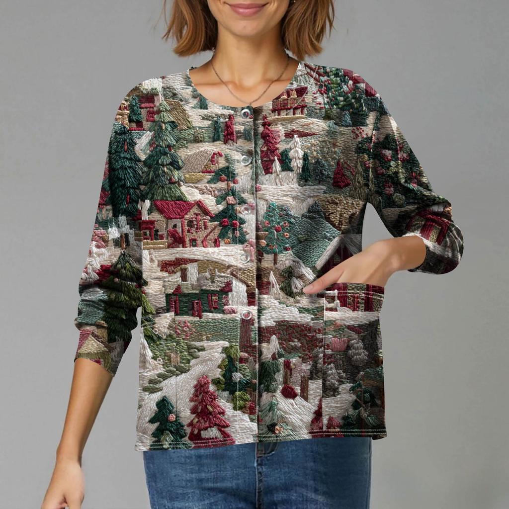 Женский повседневный кардиган на одной пуговице с длинным рукавом и принтом на рождественскую тематику