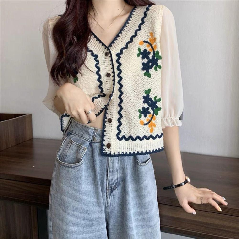Flower Embroidery Chiffon Sleeve Shirts Button Front Short Top New Crochet Blouse Women