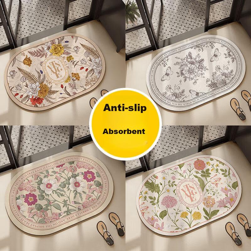 Fanyejia Soft Diatomaceous Earth Mat, Quick-Drying, for Home Bathroom Entrance, Absorbent, Toilet, American Retro Floral Pattern, Non-Slip Bath Mat
