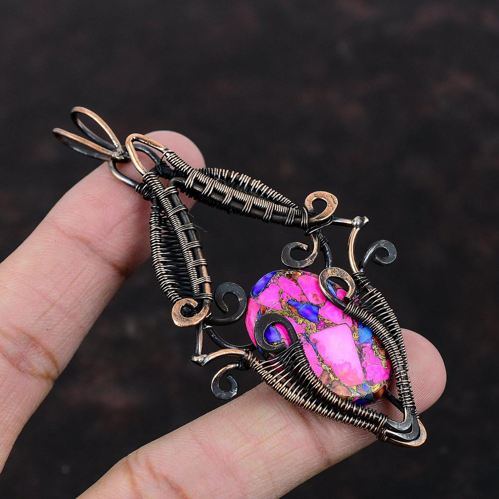 Натуральный Кингман Розовый Георгин Бирюзовый Кулон Медная Проволока Обмотка Ювелирные Изделия Подлинный Драгоценный Камень Кулон Медная Проволока Обмотка Кулон Ручная Работа Ювелирные Изделия