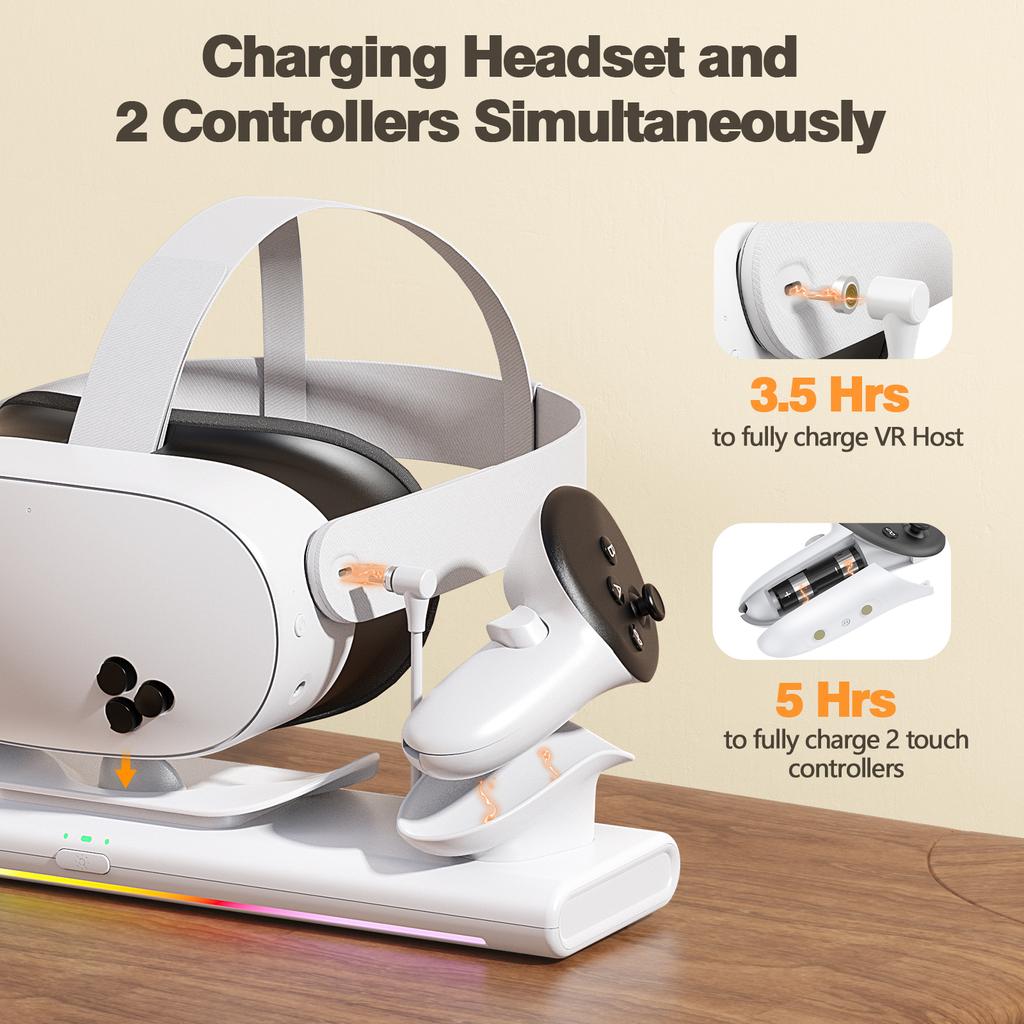 Meta Quest 3S/Quest 3/Quest 2 charging dock, magnetic charging station for VR headphones and controller, with 2 1800mAh recharge