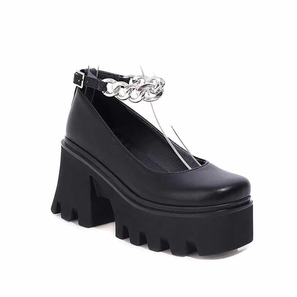 2024Spring and Autumn Fashion Simple and Generous Casuals High Heels Wedge Round Head Iron Chain Buckle Stylish Lay Shoes Pumps