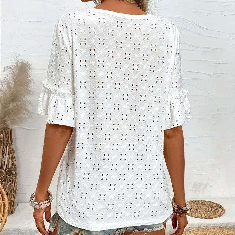 Plus Size Women's Summer T-shirt Knitted Embroidery Hollow Ruffle V-neck Short-sleeved Blouse Women's T-shirt