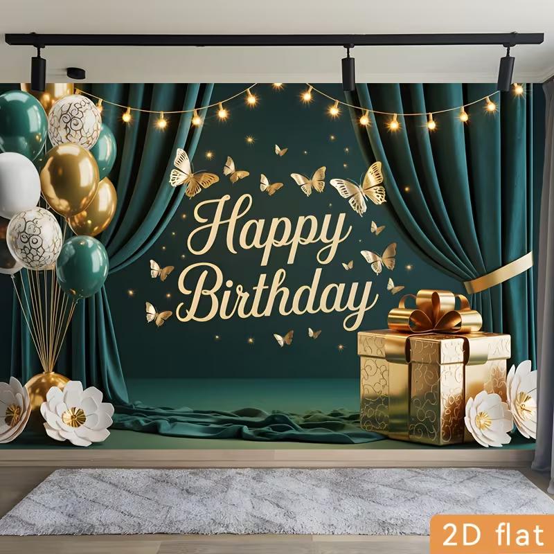 2D Green Gold Birthday Photography Backdrop Curtain & Butterfly Photo Booth Banner