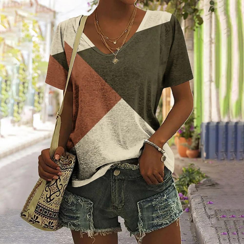 Женская футболка в стиле пэчворк в винтажном стиле, топы с клетчатым принтом, женская одежда, V-образный вырез, Harajuku, летний свитер, футболки большого размера с коротким рукавом