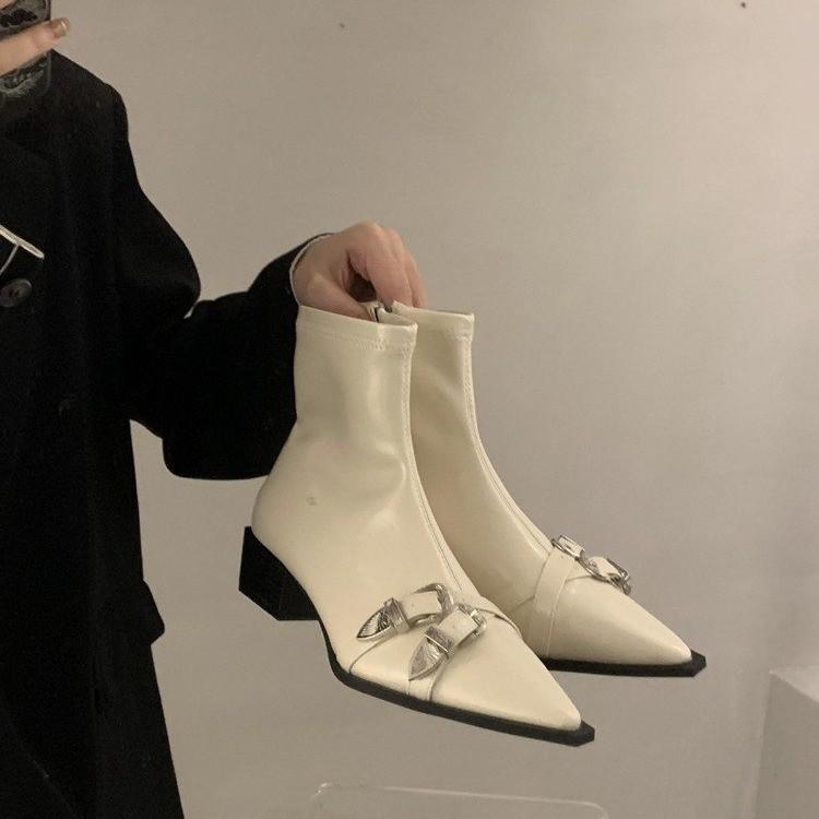 Zipper Women's Boots Autumn Shoes Boots-Women Black Rubber Pointy Med Ladies Rock Ankle PU Hoof Heels Rome Pointed Toe Micr