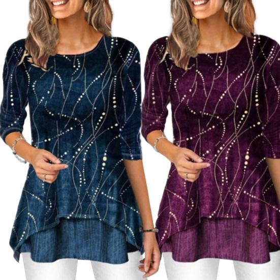 Большие размеры Модная женская рубашка с цифровым принтом 45355 с круглым вырезом и рукавом