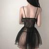 Sexy Lingerie Black Lace Short Nightdress Women Perspective Underwear Suspender Slim Dress Lolita Exotic Costume For Sex Suit