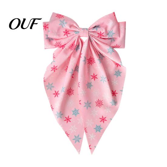 Cute Santa Claus Hair Clips Christmas Pink Bow Clip, Large Fabric Hairpin with Festive Barrettes for Girls Claus/Snowman/Snowflake Print Holiday Party
