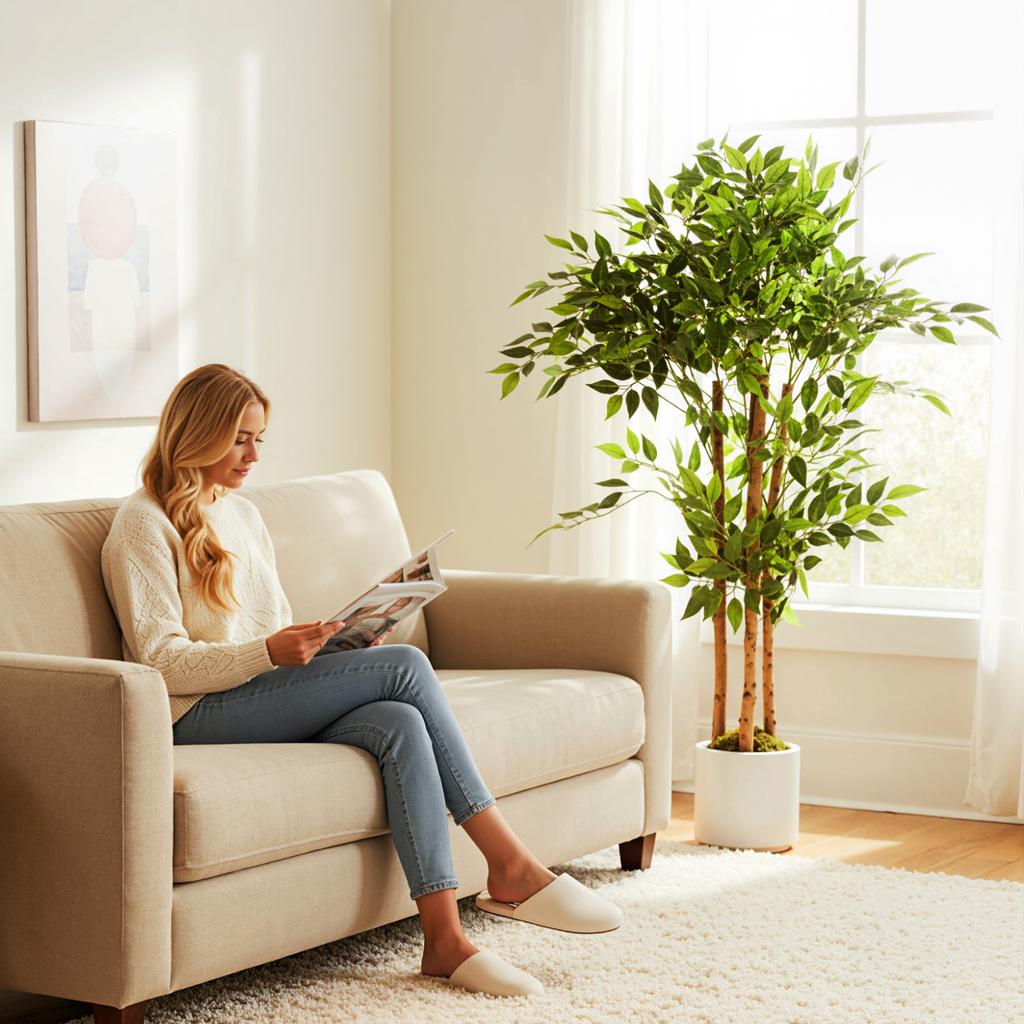120cm Artificial Ficus Tree, Fake Potted Tree with Solid Wood Trunk and Pot for Indoor, Green