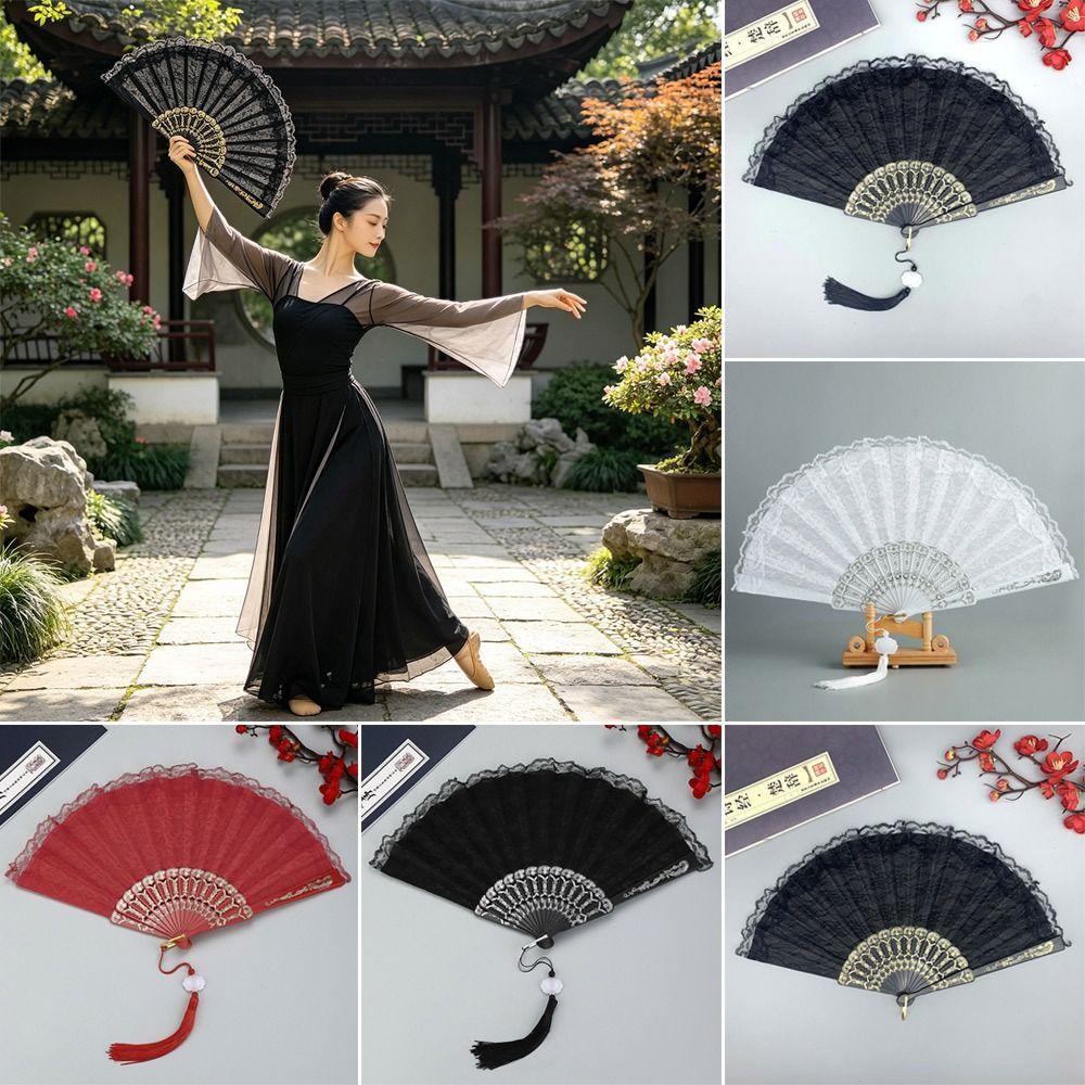 Floral Pattern Folding Fan Tassel Lace Fan Fashion Handheld Fan Photo Props
