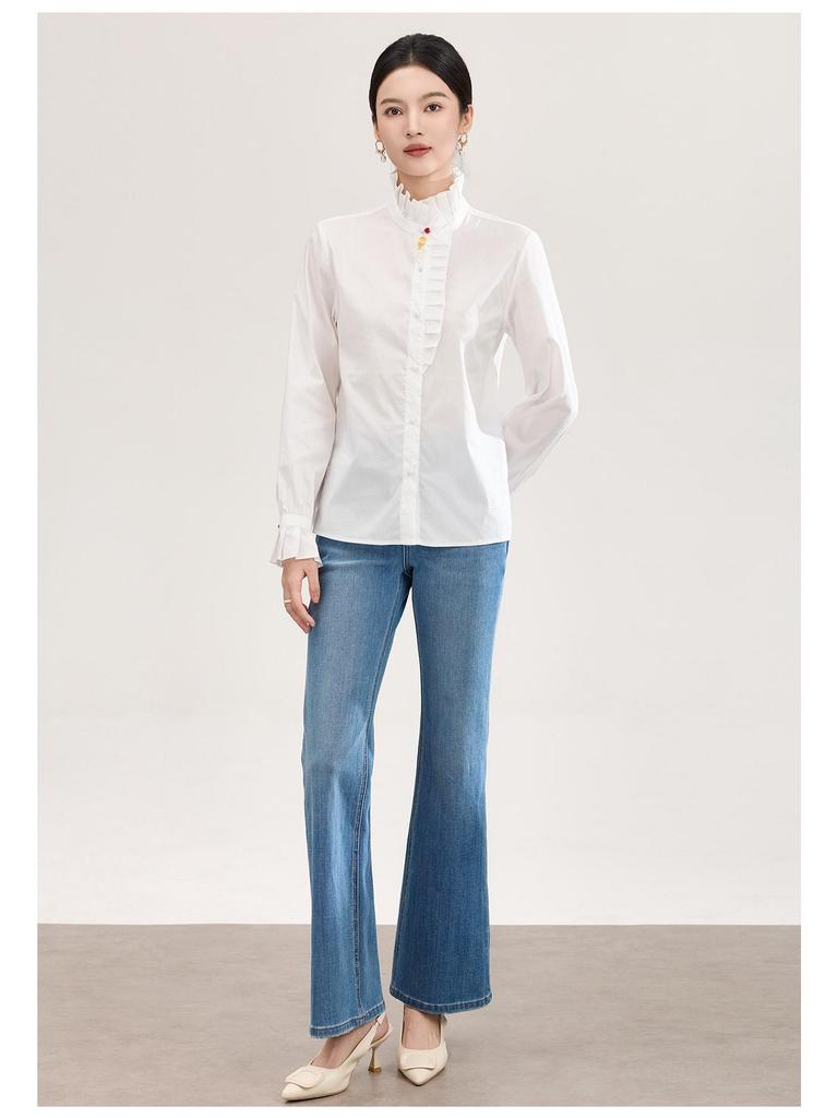 Women's Pure Cotton French Ruffle Trim Shirt - Spring Top with Micro Flare Long Sleeves