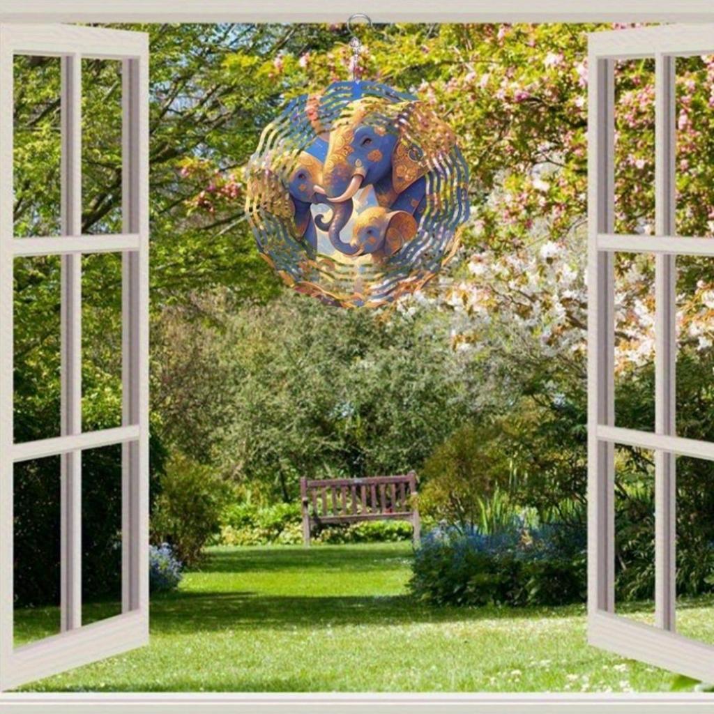 3D Metal Wind Spinner - Mandala Laser-Cut Kinetic Sculpture with Holographic Starry Sky Elephant Family Design