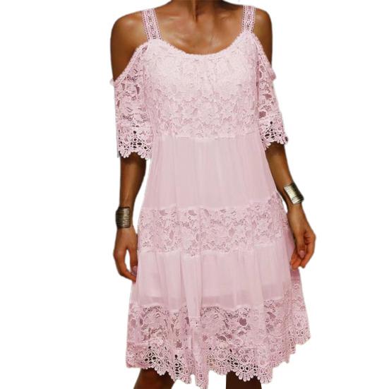 Sling Cold Shoulder Half Sleeve Summer Dress Crochet Embroidery Lace Stitching Mini Dress Female Clothing