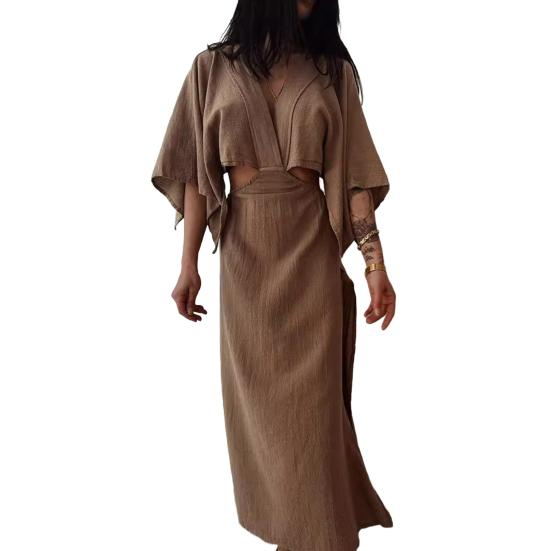 Женское платье макси с V-образным вырезом, сексуальное облегающее платье с коротким рукавом и разрезом, летнее длинное платье из хлопка и льна для пляжного отдыха