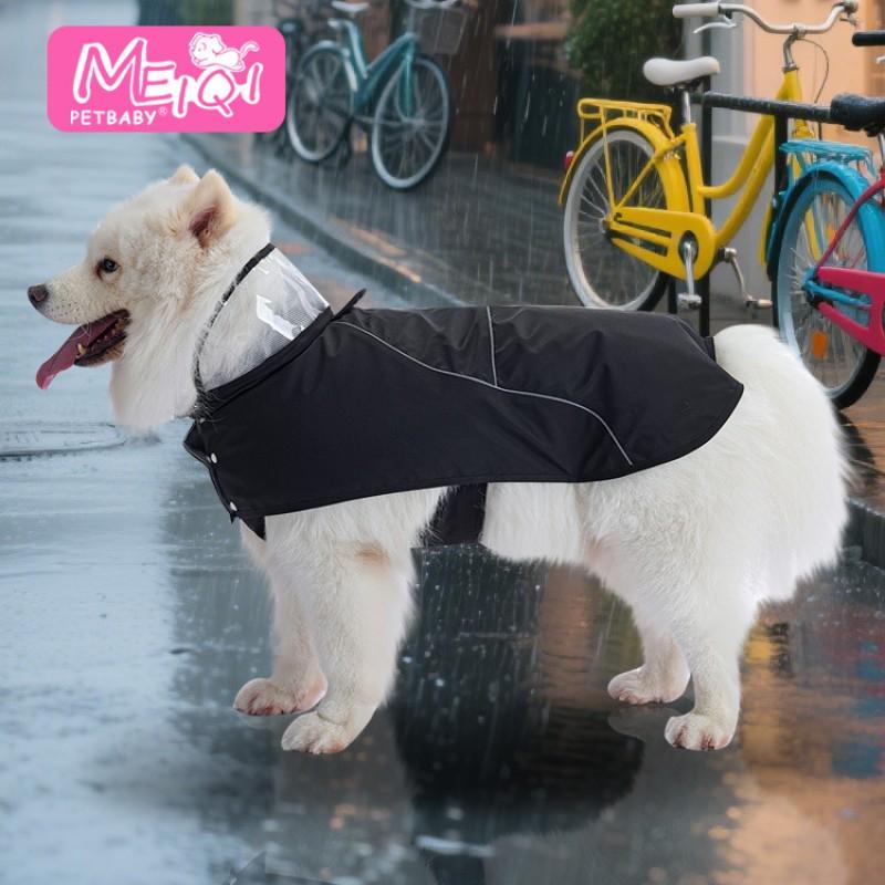 Large Dog Raincoat With Hood Reflective Stripes Adjustable Velcro Waterproof Pet Coat All